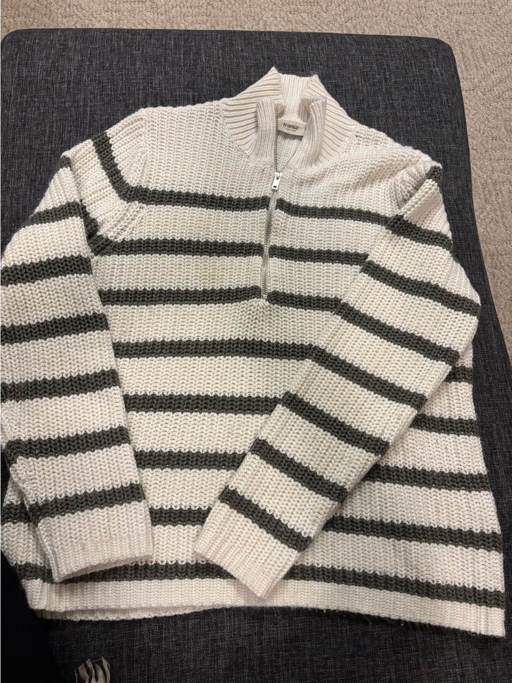 Women’s Cream and Dark olive Striped Half-Zip Sweater by Fransa